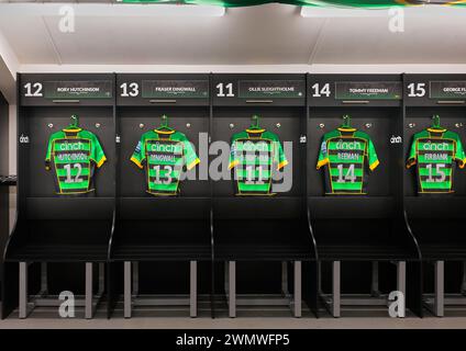 Changing room at Northampton Saints rugby club, England. Stock Photo