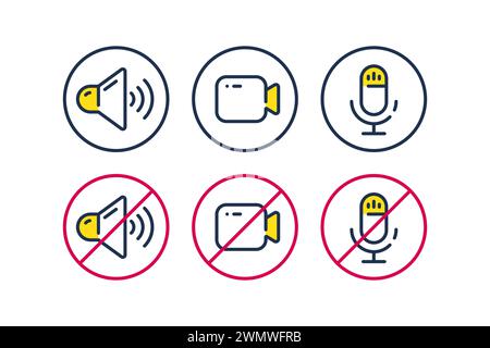 Speaker, mic and video camera line icons. Video conference, webinar and podcast icon. Vector Stock Vector