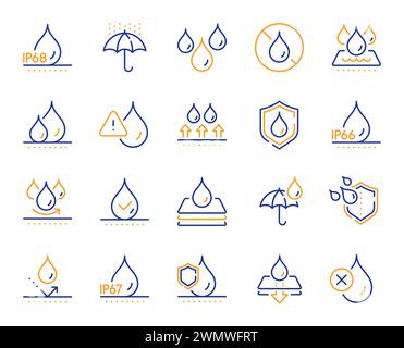 Waterproof line icons. Durable fabric surface, ip68 protection and moisture proof. Vector Stock Vector