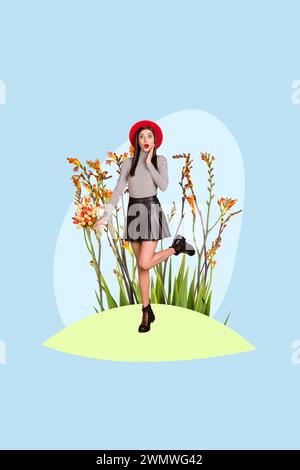 Trend composite sketch artwork image 3d collage photo of young surprised woman hold in hand tulip bouquet stand on island lilies behind Stock Photo