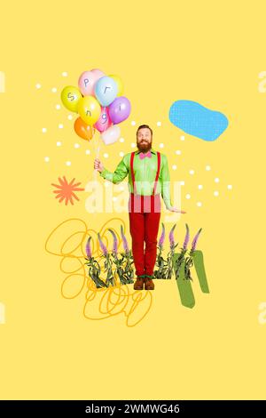 Composite trend artwork sketch image 3d photo collage of young smiled man hold in hand gift helium ballons fly in air springtime come Stock Photo