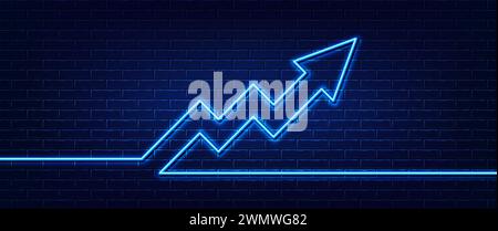 High inflation up arrow. Neon light brick pattern wall background. Stone brickwall texture. Vector Stock Vector