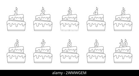 A birthday cake. A set with candles in the form of numbers. Vector illustration highlighted on a white background. Flat style Stock Vector
