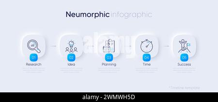 Business timeline chart template. Neumorphic infographic 5 square steps. Presentation process diagram. Vector Stock Vector