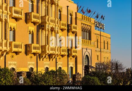 Taormina, Sicily, Italy - February 15, 2023: Excelsior Palace Four Seasons Palazzo Hotel on Taormina shore over Ionian sea in Messina region of Sicily Stock Photo