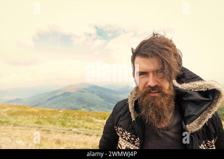 bearded man outdoor, advertisement. bearded man has beard. bearded man having moustache Stock Photo