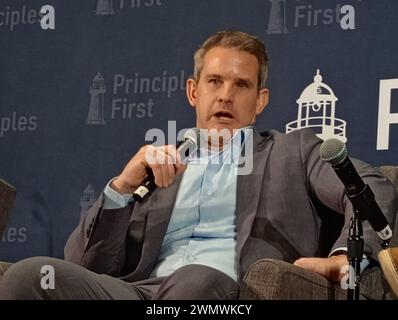 Conrad Washington, 950 New York Ave NW, Washington DC 20001, Feb 27, 2024. Former US Congressman from Illinois, anti-Trump Republican Adam Kinzinger, appears at the Principles First Summit 2024, an emerging centrist political gathering held annually in Washington DC.  Credit: ©Julia Mineeva/EGBN TV News/Alamy Live News Stock Photo