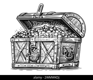 Treasure chest. Wealth of gold coins and precious stones. Hand drawn vntage sketch illustration Stock Photo