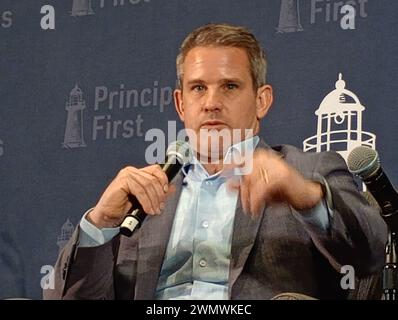 Conrad Washington, 950 New York Ave NW, Washington DC 20001, Feb 27, 2024. Former US Congressman from Illinois, anti-Trump Republican Adam Kinzinger, appears at the Principles First Summit 2024, an emerging centrist political gathering held annually in Washington DC.  Credit: ©Julia Mineeva/EGBN TV News/Alamy Live News Stock Photo