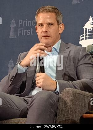 Conrad Washington, 950 New York Ave NW, Washington DC 20001, Feb 27, 2024. Former US Congressman from Illinois, anti-Trump Republican Adam Kinzinger, appears at the Principles First Summit 2024, an emerging centrist political gathering held annually in Washington DC.  Credit: ©Julia Mineeva/EGBN TV News/Alamy Live News Stock Photo