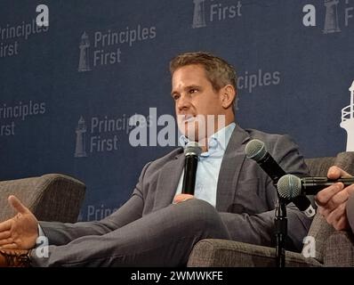 Conrad Washington, 950 New York Ave NW, Washington DC 20001, Feb 27, 2024. Former US Congressman from Illinois, anti-Trump Republican Adam Kinzinger, appears at the Principles First Summit 2024, an emerging centrist political gathering held annually in Washington DC.  Credit: ©Julia Mineeva/EGBN TV News/Alamy Live News Stock Photo