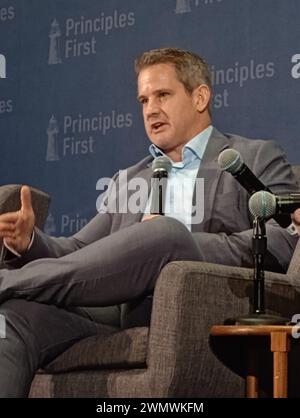 Conrad Washington, 950 New York Ave NW, Washington DC 20001, Feb 27, 2024. Former US Congressman from Illinois, anti-Trump Republican Adam Kinzinger, appears at the Principles First Summit 2024, an emerging centrist political gathering held annually in Washington DC.  Credit: ©Julia Mineeva/EGBN TV News/Alamy Live News Stock Photo