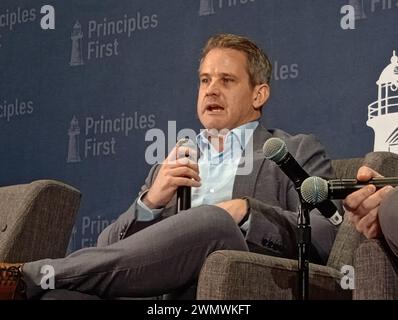 Conrad Washington, 950 New York Ave NW, Washington DC 20001, Feb 27, 2024. Former US Congressman from Illinois, anti-Trump Republican Adam Kinzinger, appears at the Principles First Summit 2024, an emerging centrist political gathering held annually in Washington DC.  Credit: ©Julia Mineeva/EGBN TV News/Alamy Live News Stock Photo