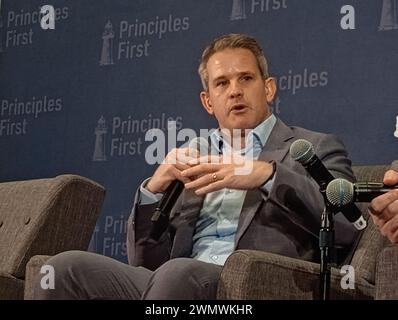 Conrad Washington, 950 New York Ave NW, Washington DC 20001, Feb 27, 2024. Former US Congressman from Illinois, anti-Trump Republican Adam Kinzinger, appears at the Principles First Summit 2024, an emerging centrist political gathering held annually in Washington DC.  Credit: ©Julia Mineeva/EGBN TV News/Alamy Live News Stock Photo