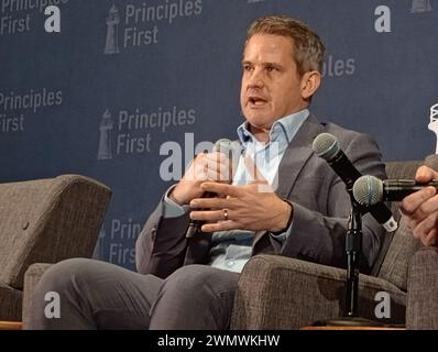 Conrad Washington, 950 New York Ave NW, Washington DC 20001, Feb 27, 2024. Former US Congressman from Illinois, anti-Trump Republican Adam Kinzinger, appears at the Principles First Summit 2024, an emerging centrist political gathering held annually in Washington DC.  Credit: ©Julia Mineeva/EGBN TV News/Alamy Live News Stock Photo