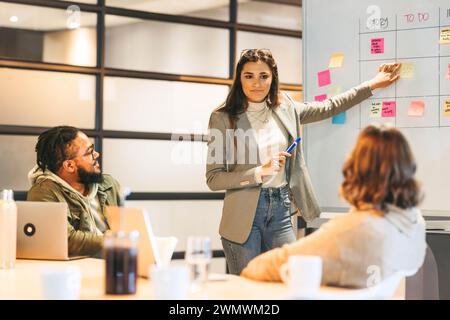 In a modern boardroom, business women and a diverse team engage in a collaborative discussion. Leading a tech startup, they utilize the scrum process Stock Photo