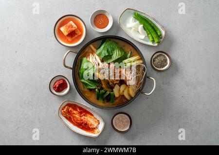 Korean food dish Side dishes, pork rib hangover soup, gopchang hot pot, and gamjatang Stock Photo