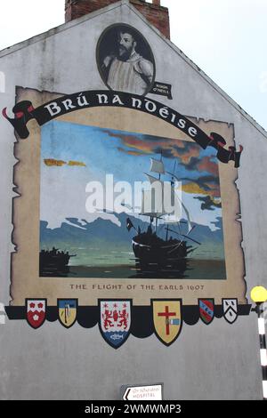 Irish history portrayed in public civic art piece. Mural on Crawford's Street depicting the Flight of the Earls in 1607, 400th anniversary mural Bruff Stock Photo