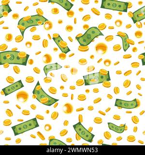 Falling coins banknotes seamless pattern, background success concept Stock Vector