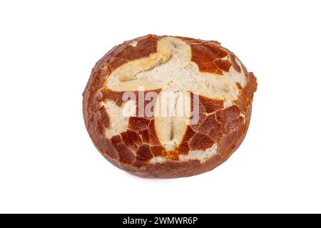 Failed Pretzel Roll: Baking Mishap with Crumbling Crust on White Background, Insufficient Dough Preparation Stock Photo