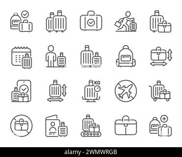 Baggage line icons. Travel bag size, Check weight and Backpack set. Vector Stock Vector