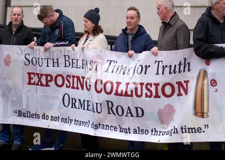 Belfast, United Kingdom 28 02 2024 Victims Campaigners and media outside Belfast High Court prior to an expected ruling on the British government Legacy laws Belfast. Credit: HeadlineX/Alamy Live News Stock Photo