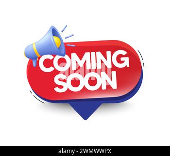 Coming soon banner with megaphone 3d icon. Promotion offer speech bubble with loudspeaker. Vector Stock Vector