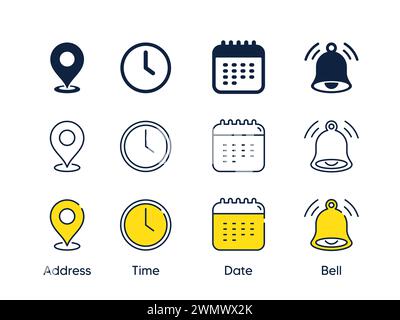 Place, Time, Date and Notification line icons. Calendar, address location pointer and alarm bell. Vector Stock Vector