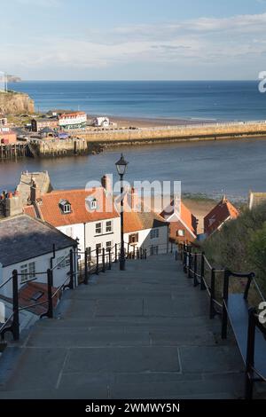 View down the steps from Whitby Abbey to the town centre of whitby ...