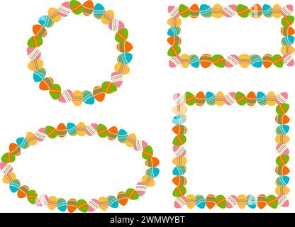 Frame made of colorful Easter eggs. Set of different colorful frames and borders made of Easter painted eggs. Perfect for festive holiday decoration a Stock Vector