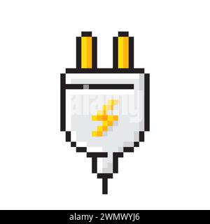 Pixel art plug icon. Electric energy socket. Electricity power adapter with lightning bolt. Vector Stock Vector