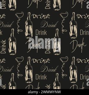Seamless pattern of stylized hand drawn bottles with doodles and text Drink on dark background. Vector illustration Stock Vector