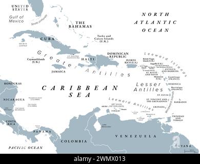 The Caribbean Sea and its islands, gray political map. The Caribbean, subregion of the Americas, with the West Indies. Stock Photo