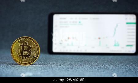 Palembang, Indonesia, February 28, 2024: Smartphone with graphs, charts and latest bitcoin prices 2024 on screen and blur gold Bitcoins in front of it Stock Photo