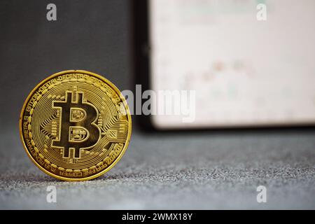 Palembang, Indonesia, February 28, 2024: Smartphone with graphs, charts and latest bitcoin prices 2024 on screen and blur gold Bitcoins in front of it Stock Photo