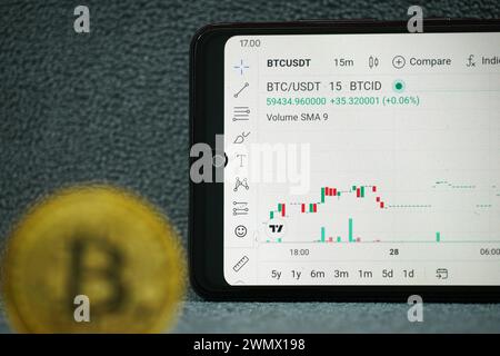 Palembang, Indonesia, February 28, 2024: Smartphone with graphs, charts and latest bitcoin prices 2024 on screen and blur gold Bitcoins in front of it Stock Photo