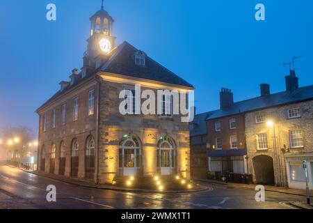 Brackley town hall in the early morning fog. Brackley, Northamptonshire, England Stock Photo