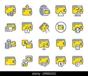 Wallet line icons. Money transfer, Credit card payment, Withdraw funds icons. Cash purse, Fingerprint access. Vector Stock Vector