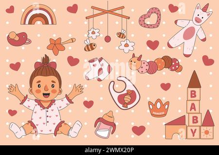 Cheerful little girl with toys and baby items, kids sticker collection Stock Vector