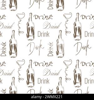 Bottles pattern stylized wine or alcohol and text Drink on white background. Vector illustration Stock Vector