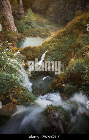 Scenic river flowing through vibrant green valley next to mountain Stock Photo