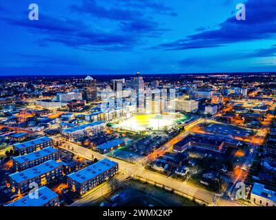 An aerial view of Greensboro, NC skyline with Pilot Mountain, Saurtown ...