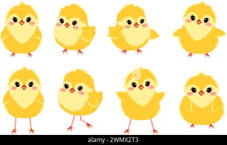 Collection of cute cartoon chicks. Eight adorable illustrated yellow chicks on a white background, perfect for easter designs. Spring poultry babies i Stock Vector