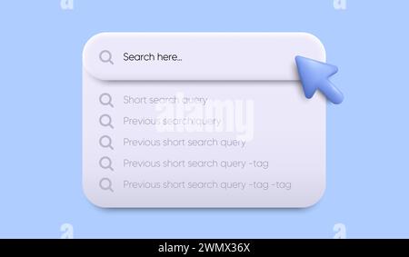 Search bar with drop-down box for web interface design. Search bar history icon. 3d arrow mouse cursor. Vector Stock Vector