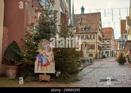 Winter Festivities in Bitigheim-Bissingen: Charming Half-Timbered Houses Adorned with Christmas Decorations. New Year's atmosphere of Bitigheim Stock Photo