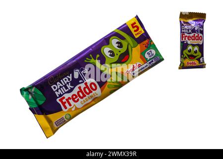 Packet of Cadbury Dairy Milk Freddo Caramel pack with one bar removed isolated on white background - 5 pack Stock Photo