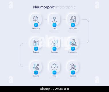 Neumorphic business 9 step flowchart or timeline diagram. Presentation process infographic diagram. Vector Stock Vector