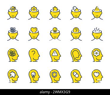 Mental health icons, such as stress, anxiety, therapy, panic attack and ...