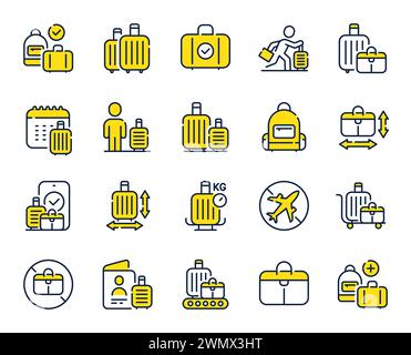 Baggage line icons. Travel bag size, Check weight and Backpack set. Vector Stock Vector