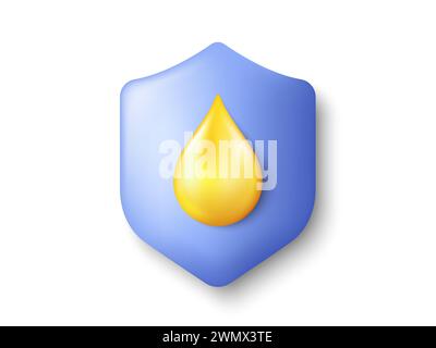 3d drop of oil on shield icon. Golden drop of honey or omega vitamin. Vector Stock Vector